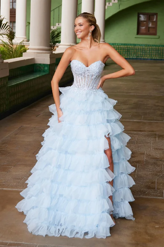 Athleisure Wear Special Offer Nox Anabel R1688 Size 2, 14 Light Blue Lace Corset Ruffle A Line Prom Dress Maxi Slit Layered ballgown Formal Strapless