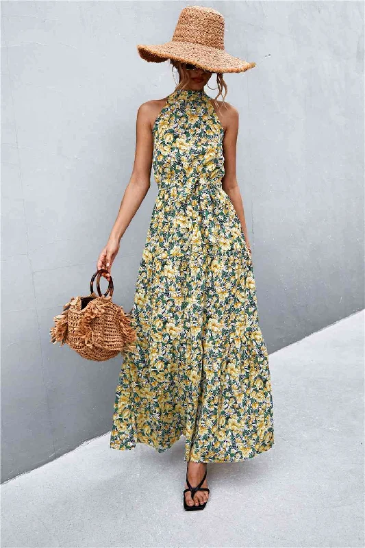 Premium Quality Garments Printed Sleeveless Tie Waist Maxi Dress