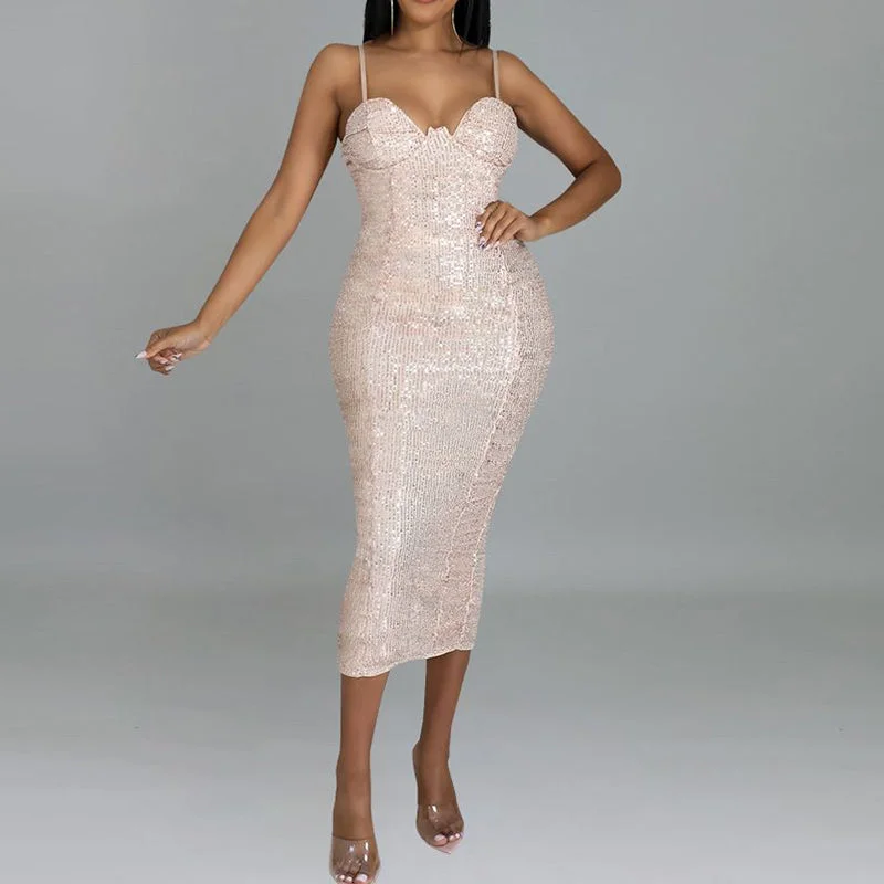 End Of Season Sale Julia Fashion - Sexy Spaghetti Strap Sequins Split Midi Dress