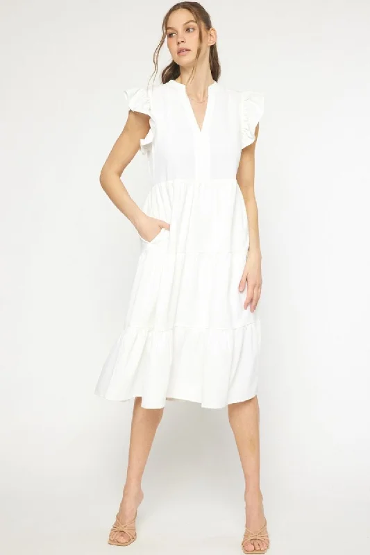 Fashion Forward, Function First Ruffled Pocket Tiered Midi Dress, Off White