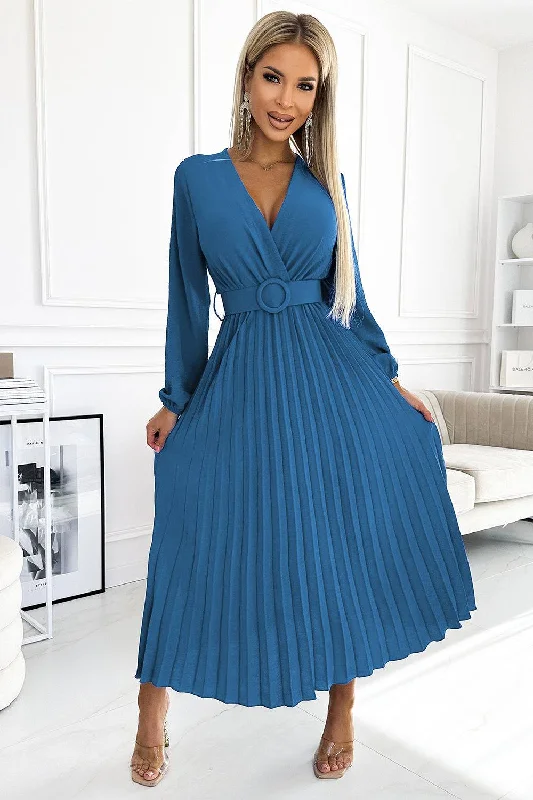 Trend Alert Numoco Basic 504-5 VIVIANA Pleated midi dress with a neckline, long sleeves and a wide belt - JEANS