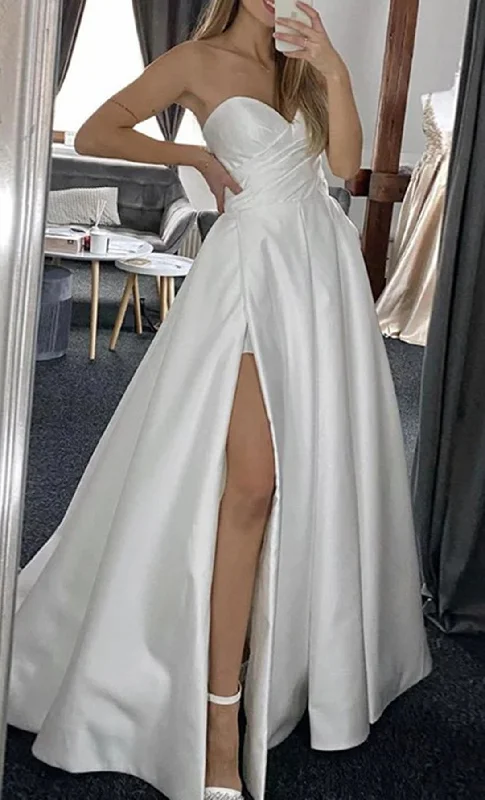 The Latest Trends Women A-Line Satin Wedding Dresses Long Sweetheart Slit Bridal Gowns YWD152