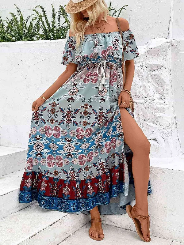 Special Offer Printed Off-Shoulder Slit Maxi Dress