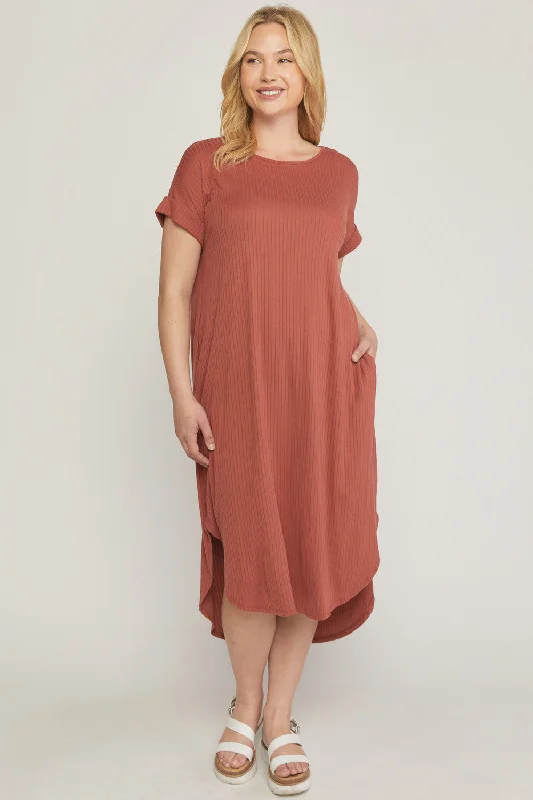 Versatile Wardrobe Essentials Ribbed Pocket Midi Dress, Terra Cotta