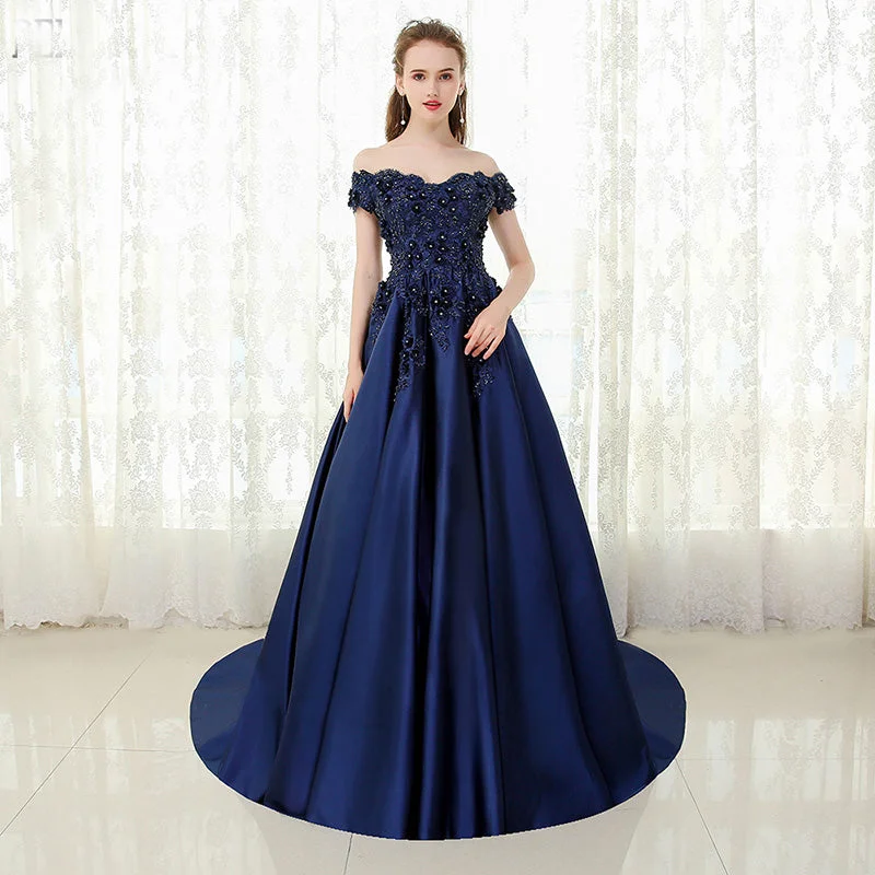 Signature Style Essentials Navy /Burgundy Off the Shoulder Satin Lace Prom Dress Wedding Engagement Dress LP0512