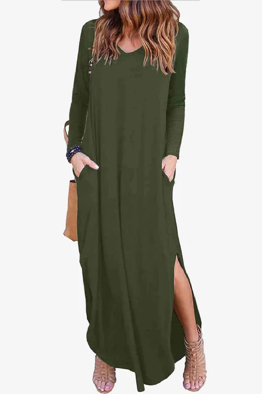 Fashion Forward Femme Split Long Sleeve V-Neck Maxi Dress