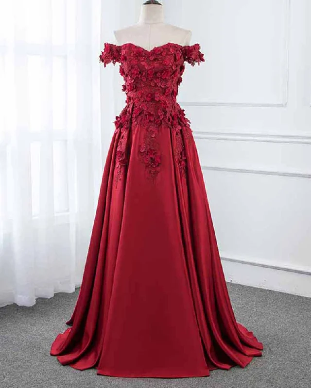 Stylish Spring Fashion Off the Shoulder A Line Satin Prom Dress with Lace Flowers Wedding Party Dresses PL6540