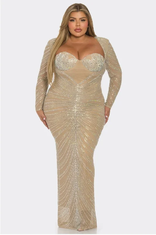 Imeless Style Glam Glam Plus Size Tan Rhinestones Fishnet Maxi Dress