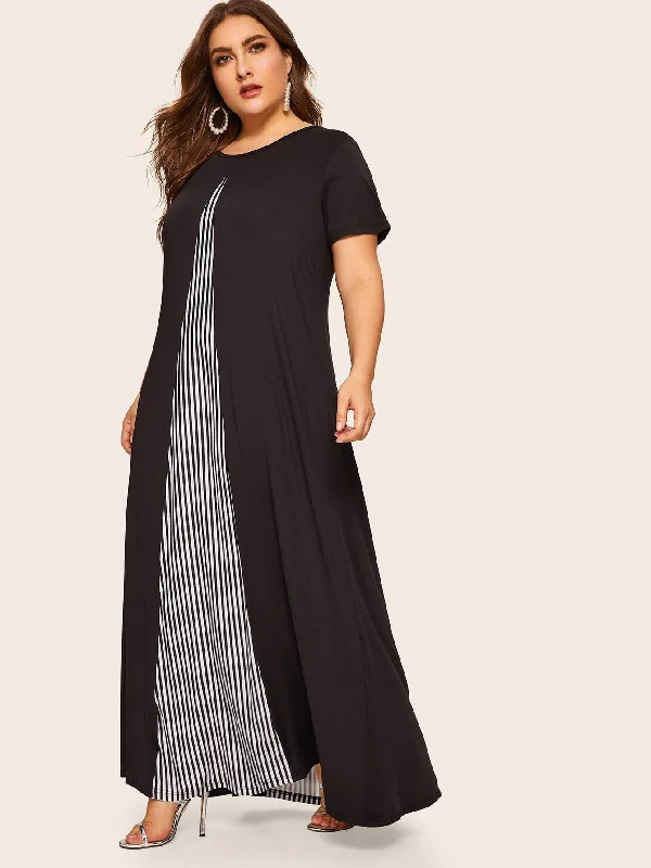 Comfortable Clothes Plus Contrast Striped Panel Maxi Dress