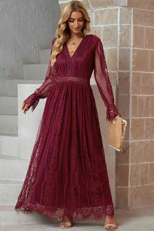 Fashion For Every Occasion Scalloped Hem Flounce Sleeve Lace V-Neck Maxi Dress