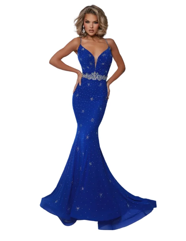 Limited Time Special Offer Johnathan Kayne 3008 Size 6 Royal Crystal Studded Prom Dress Mermaid V Neck Formal Backless Gown