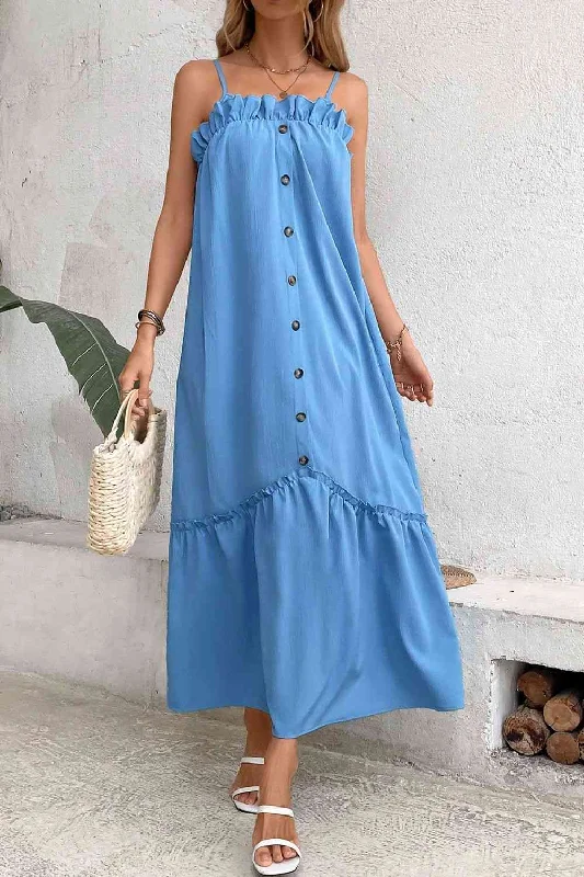 Seasonal Sale Ruffle Trim Buttoned Sleeveless Maxi Dress