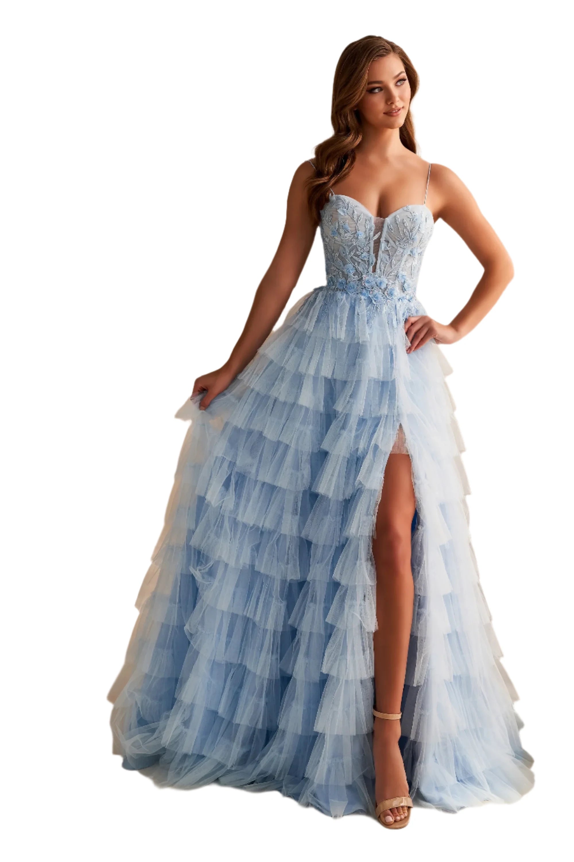 Chic And Comfortable Ellie Wilde EW36223 Size 00 Blue Long Layer Tulle Prom Dress Sheer Lace Corset Maxi Slit Formal Gown