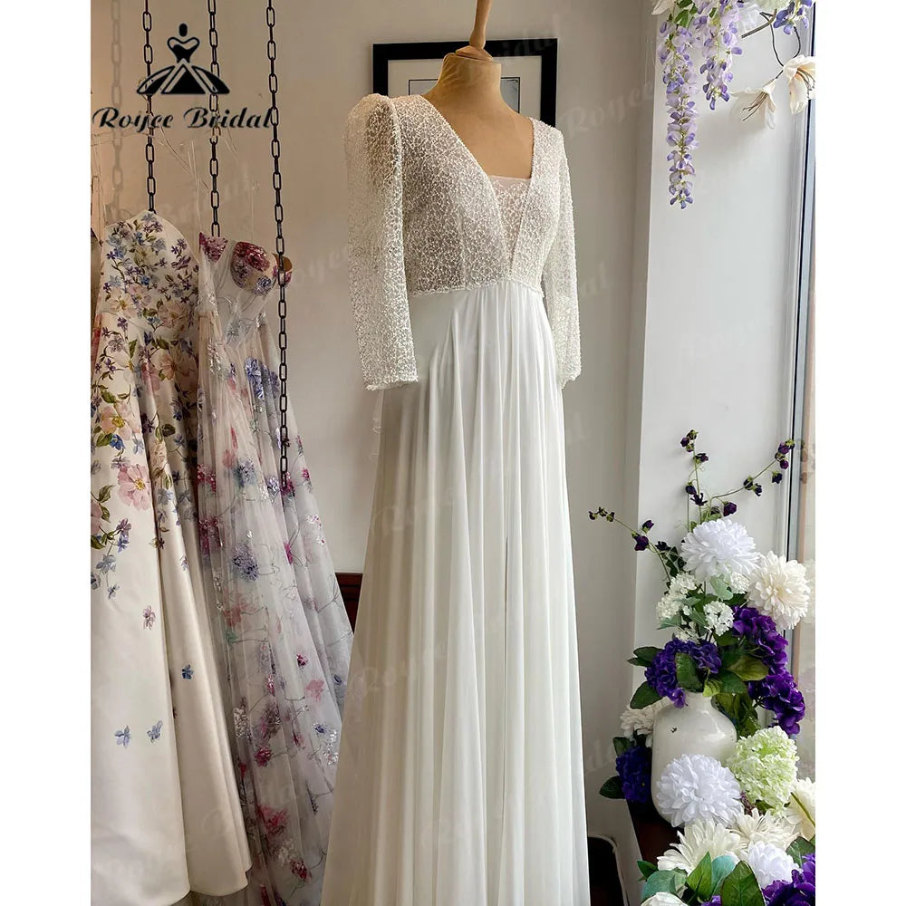 Dive Into Trendy Women's Fashion Robe Chic Boho Long Sleeve V Neck Lace Bodice Chiffon Wedding Gown for Women 2024 Beach Bridal Wedding Dress robe de soirée