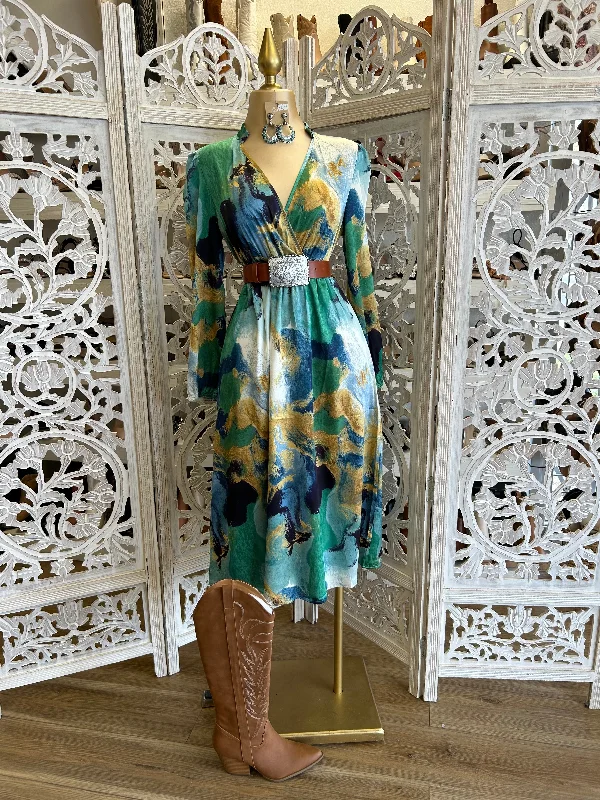 Must Haves Wrapped Multicolor Green Midi Dress- Not Stretchy