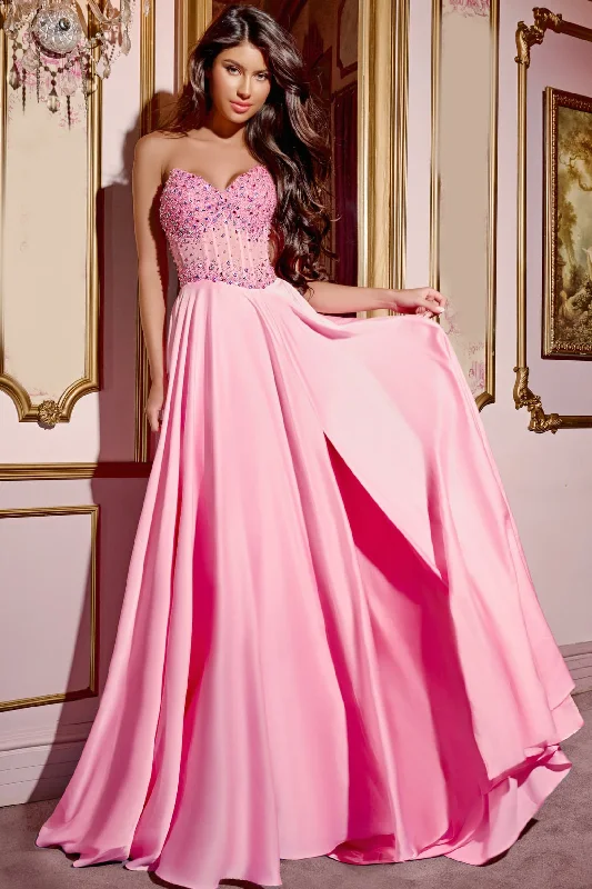 Exclusive Sale Jovani D6021 Sheer Pink Crystal Corset A Line Prom Dress V Neck Slit Formal Gown Chiffon