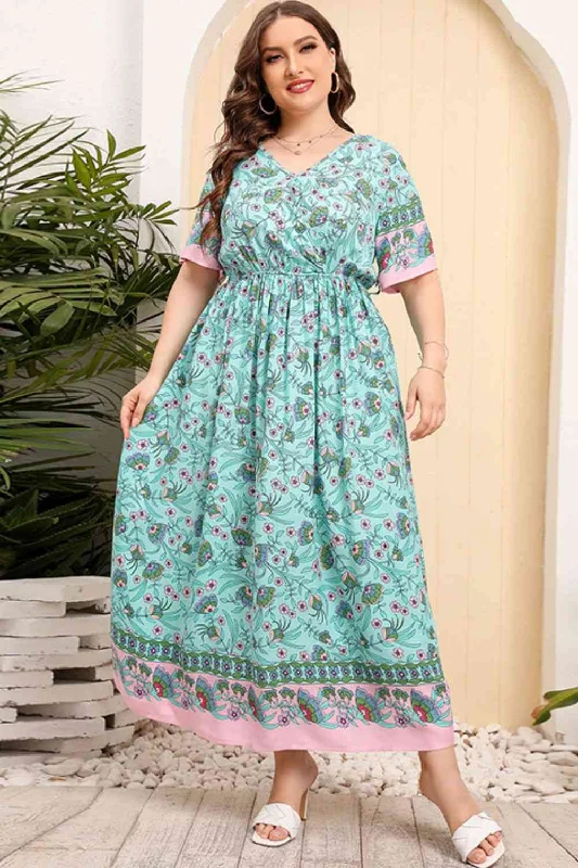 Limited Time Offer Plus Size Bohemian V-Neck Short Sleeve Maxi Dress