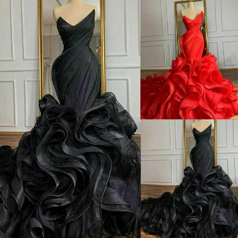 Fashion Deal Black Red Wedding Dresses Long Train Organza Tiered Skirt Ruffled Plus Size Gown prom dresses         cg23776