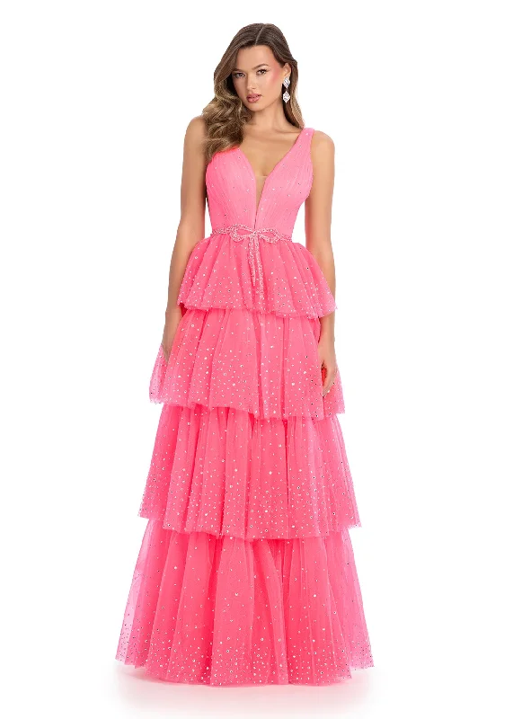 Limited Time Offer Ashley Lauren 11894 Size 00 Hot Pink Shimmer Layer Bow Prom Dress V Neck Crystal Formal Gown A Line