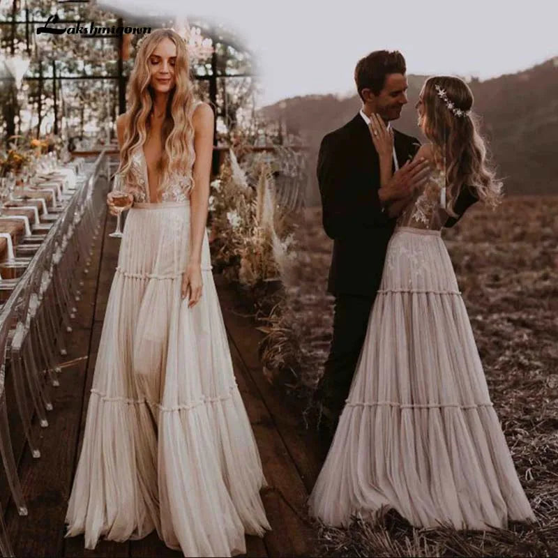 Chic Casual Style Roycebridal Boho Hippie Wedding Dress  Sleeveless V Neck Chic Styl Whimsical Ruched Skirt Tulle Bridal Gowns Robe de mariee