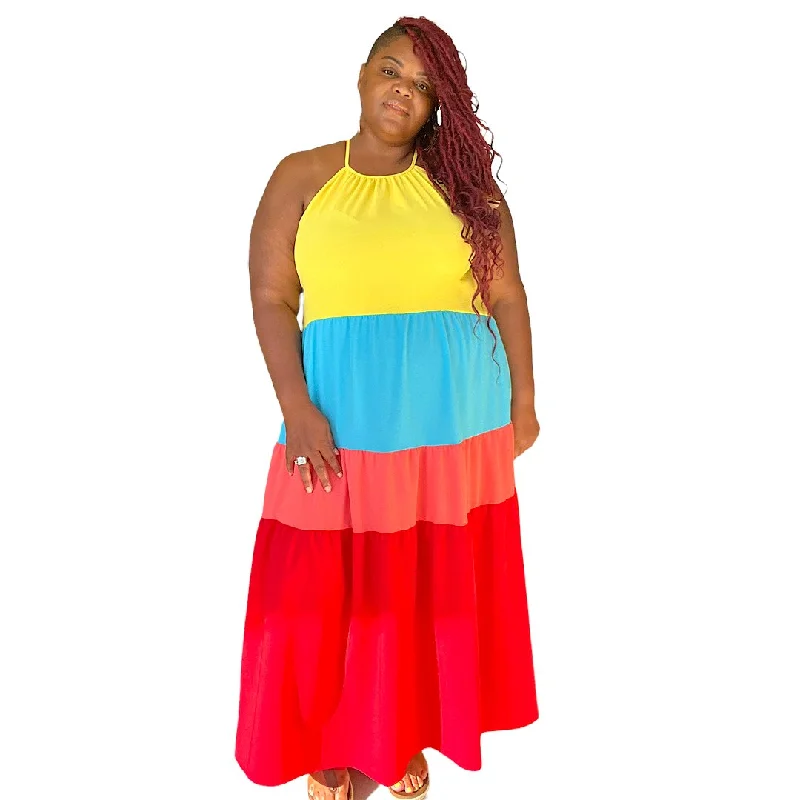 Budget Friendly Rainbow Plus Size Tiered Maxi Dress