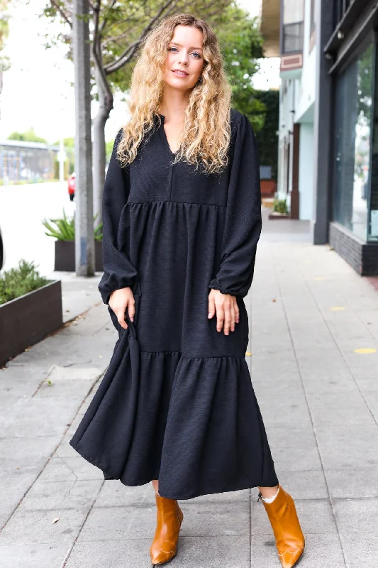 Big Discounts Lock Eyes Black Notched Neck Frill Hem Tiered Maxi Dress