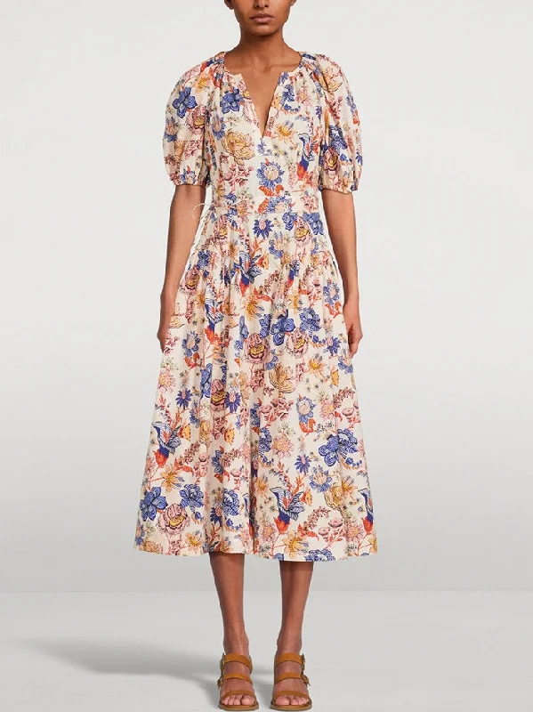 Chic Style, Always In Vogue Belted Magnolia Print Puff-Sleeve Midi Dress