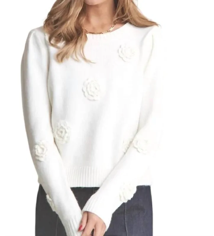 Budget Friendly Flower And Pearl Knit Sweater In Ivory