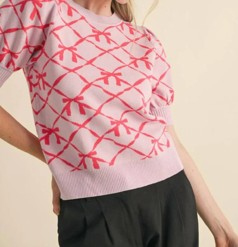 Spring Fashion Short Sleeve Bow Pattern Sweater In Pink