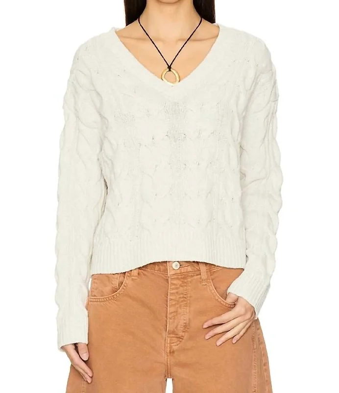 Casual Chic Washed Cable V-Neck Sweater In Optic White