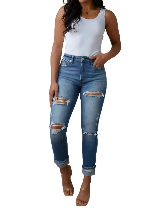 Trend Forward Threads For Her Belinda High Rise Distressed Straight Jeans In Medium Wash