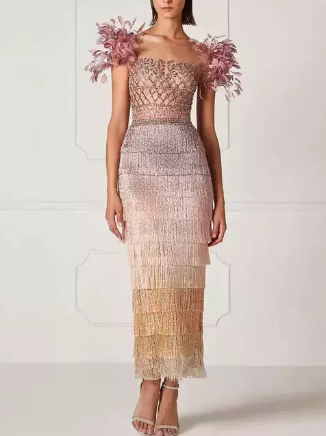 Exclusive Discount Embellished Tiered Tassel Gown with Short Feather Sleeves