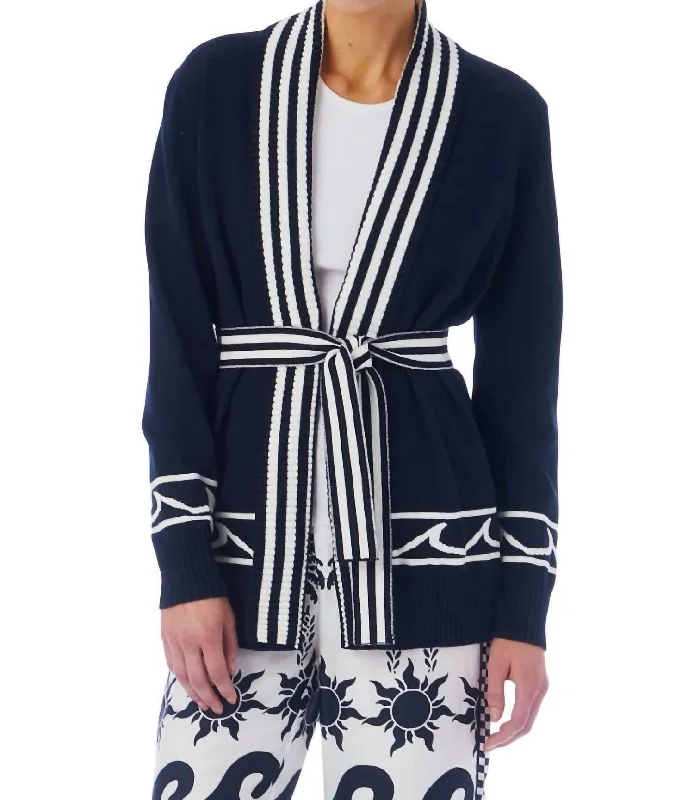 Stylish Spring Fashion Cap Boyfriend Cardigan In Navy & White