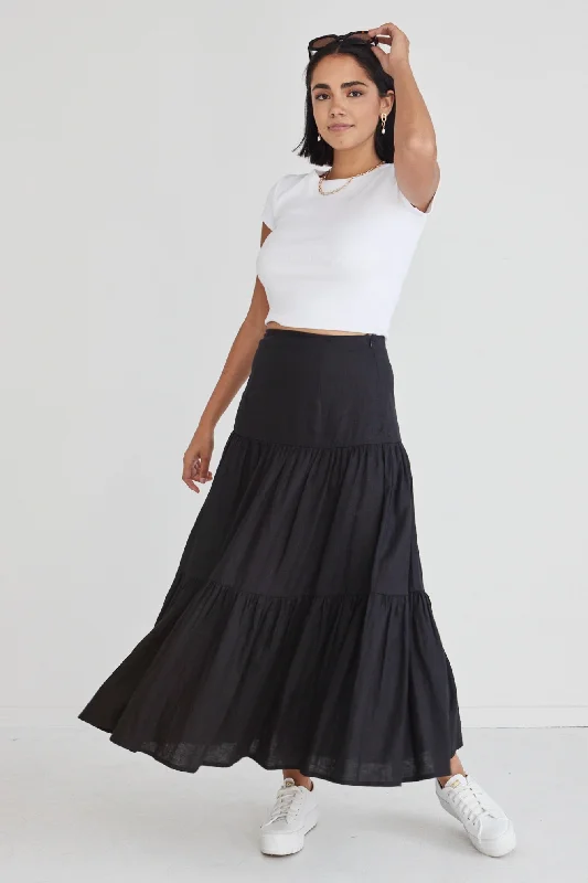 Exclusive Sale Blazing Black Tiered Linen Midi Skirt