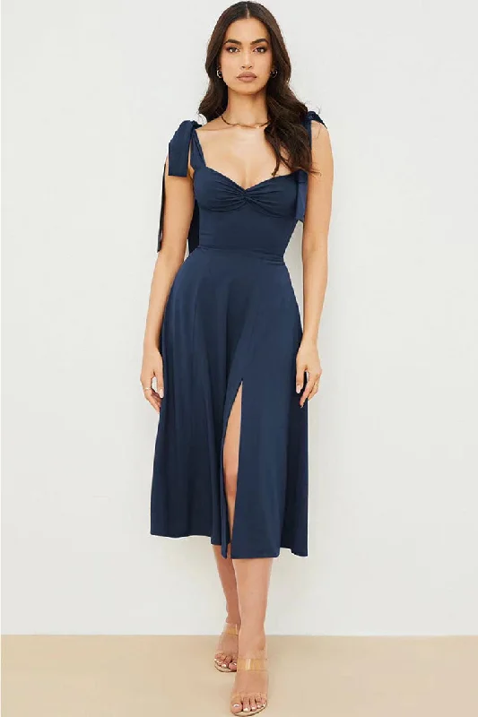 Must Haves Tie Strap Fit & Flare High Slit Slip Midi Dress - Navy Blue