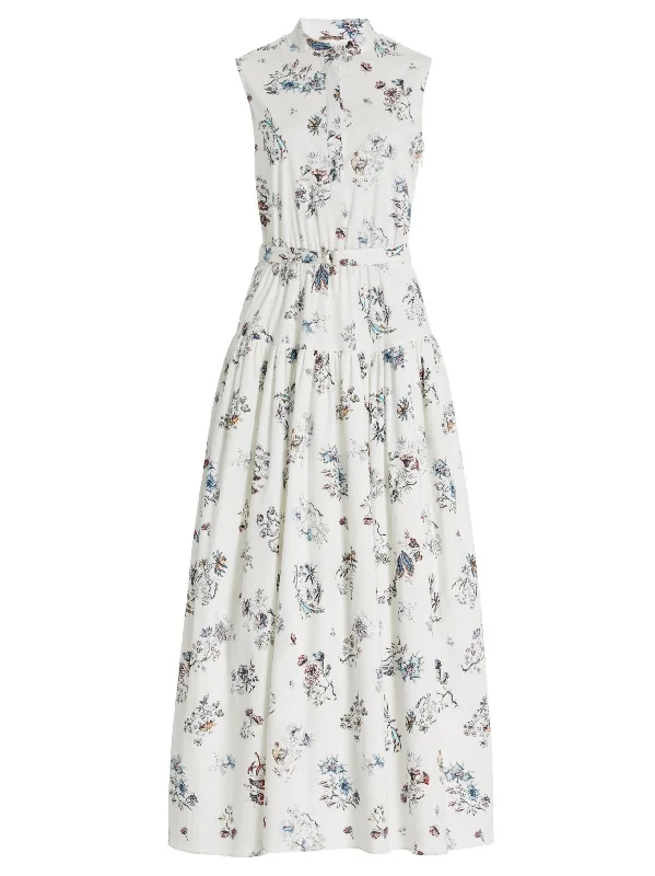 Versatile Wardrobe Essentials Belted Floral-Print Cotton Sleeveless Midi Shirt Dress