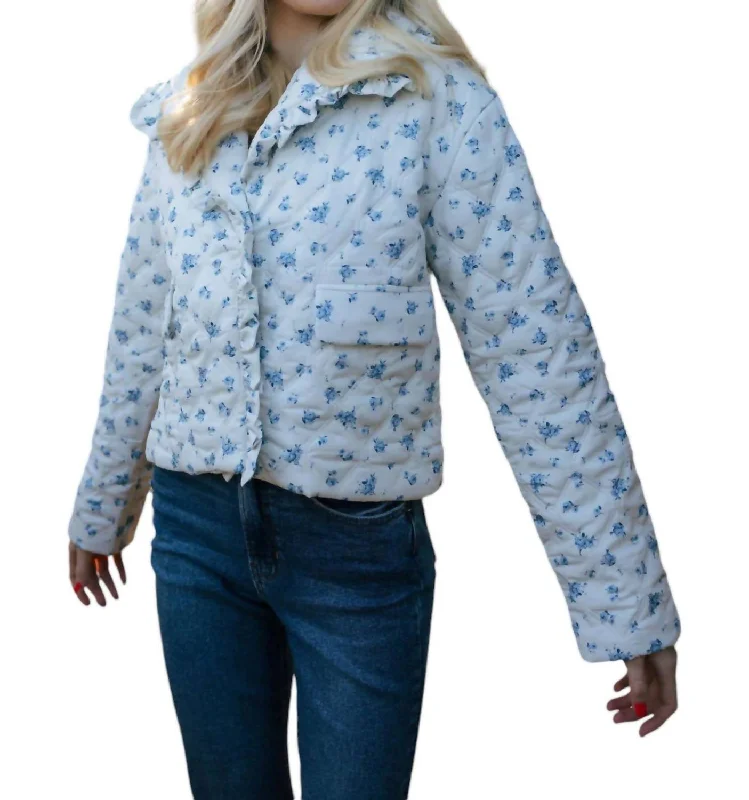 Trendy Threads Ruffle Floral Jacket In Ivory/blue