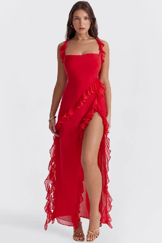 Best Deals Of The Season Fluttering Sweetheart Sleeveless High Split Draped Ruffle Maxi Dress - Red