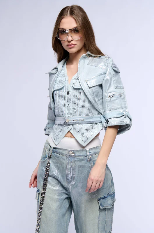 Trend Forward Threads CARGO CROPPED CUT METALLIC DENIM JACKET