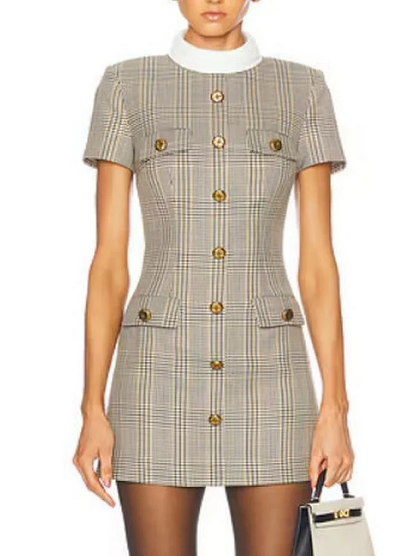 Wardrobe Update Contrast-Collar Check Print Button-Down Mini Dress