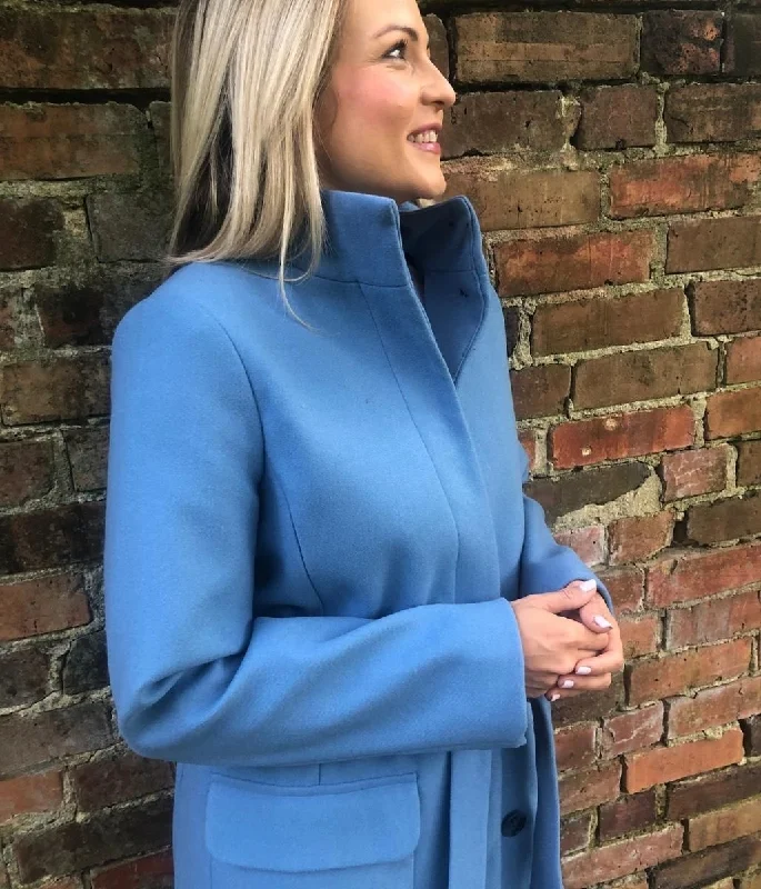 Alluring Design Blue Belted Funnel Neck Coat