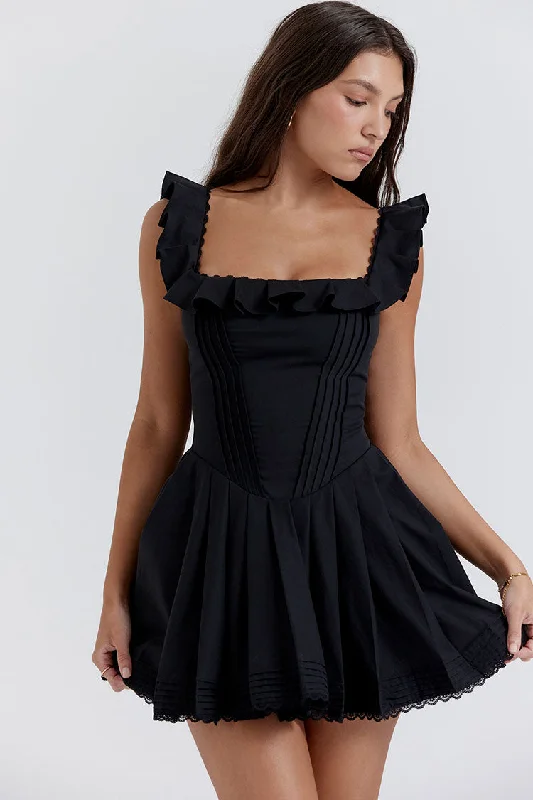 Summer Deals Sexy Ruffle Square Neck Frilled Fit and Flare Drop Waist Summer Mini Sundress - Black