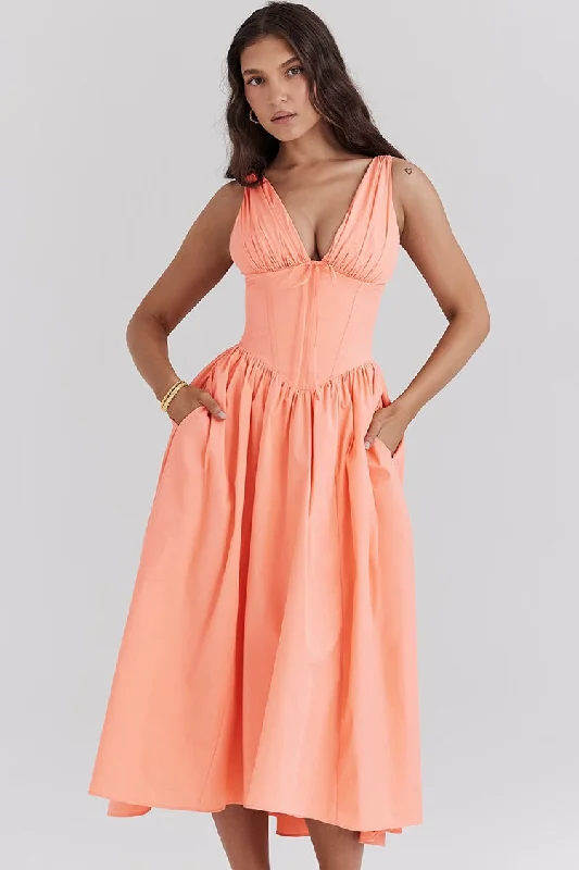 Huge Price Cut Vibrant Bow Tie Deep V Ruched Drop Waist Pocketed Corset Midi Sundress