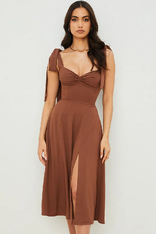 Exquisite Women's Wear Sale Tie Strap Fit & Flare High Slit Slip Midi Dress - Chocolate