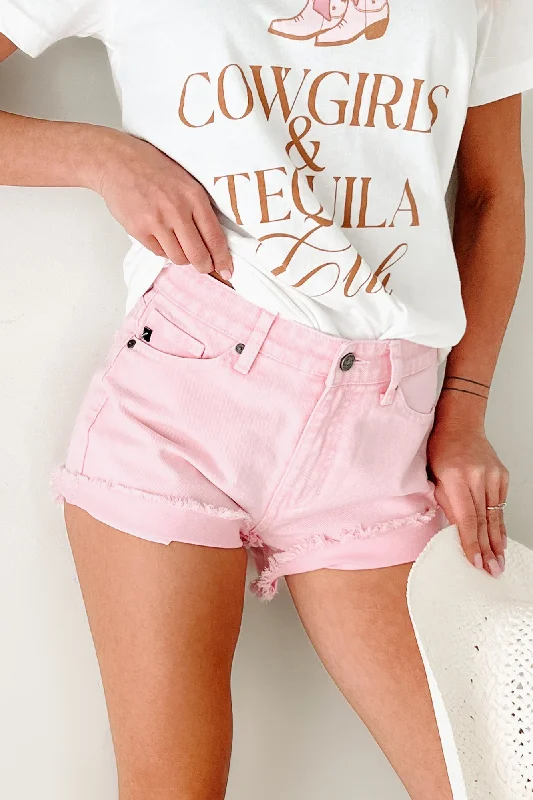 Hot Styles Cheyenne High Rise Frayed Kancan Denim Shorts (Pink)