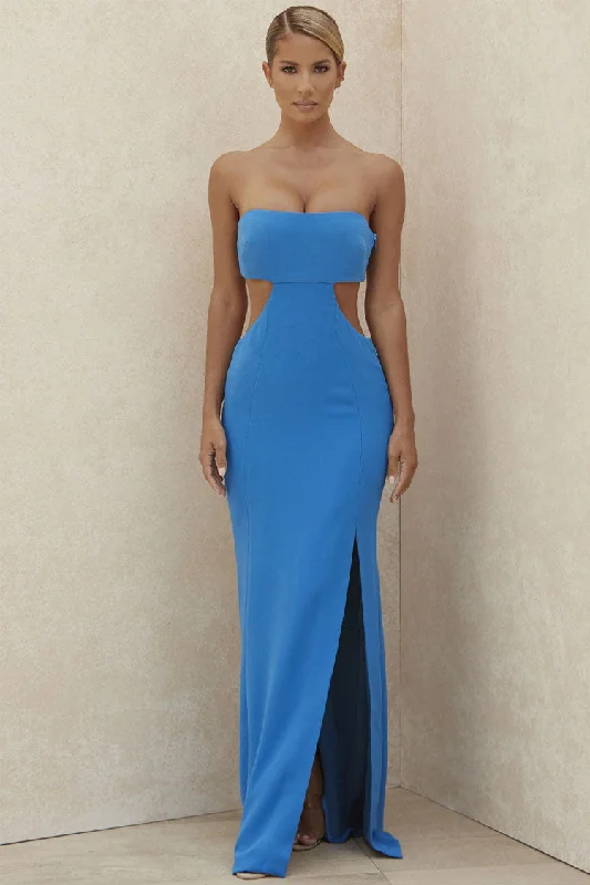 Athleisure Wear Promotion Charming Strapless Cut Out High Slit Maxi Prom Formal Dress - Blue