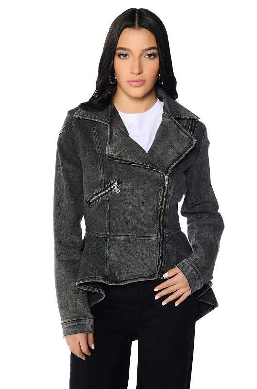 Seasonal Clearance ABOUT THAT TIME DENIM PEPLUM MOTO JACKET