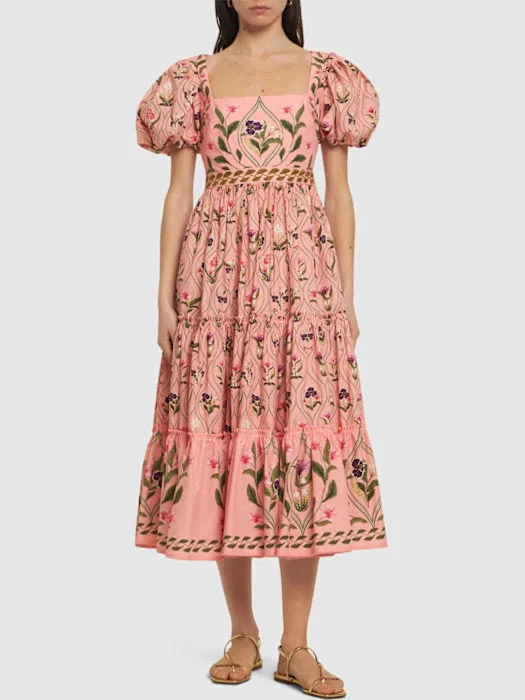 End Of Season Sale Floral-Print Puff-Sleeve Midi Dress in Pink