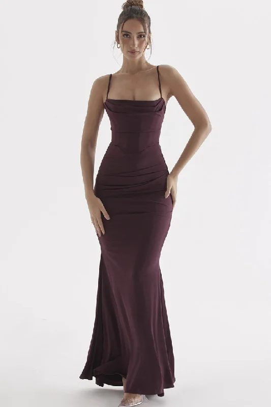 Final Sale Sexy Square Neck Ruched Corset Fishtail Evening Maxi Dress - Fuchsia