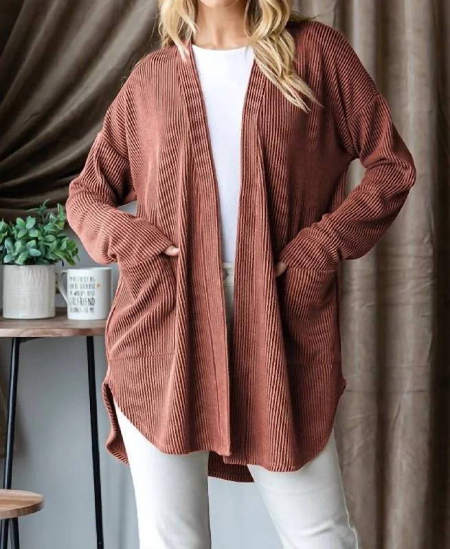 Seasonal Trends Long Sleeve Solid Urban Ribbed Open Cardigan - Plus In Rust